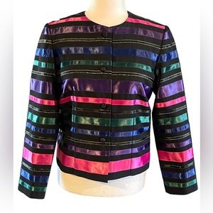 Vintage Talbots Petite Collarless Black Blazer with Multi Color Ribbon S…